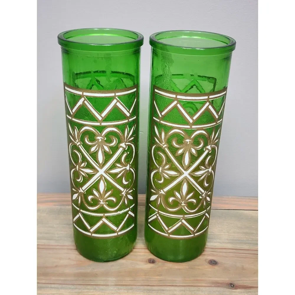 Vintage Green Glass Pillar Candles Geometric Lattice 9